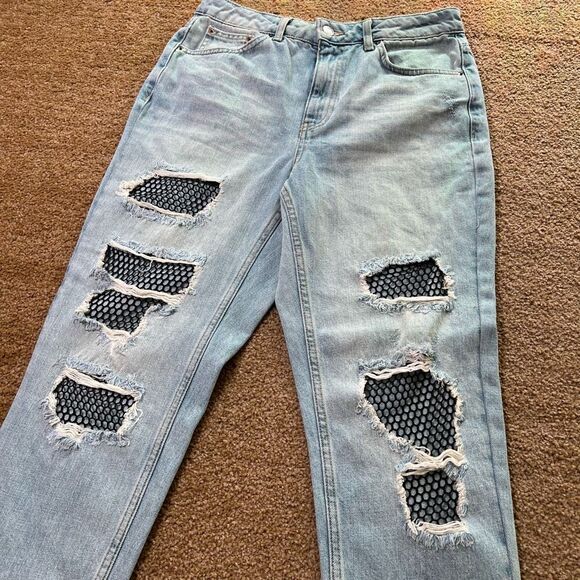 TopShop Womens Light Blue Moto Bleach Fishnet Distressed Mom Jeans Size 28 - Picture 2 of 13